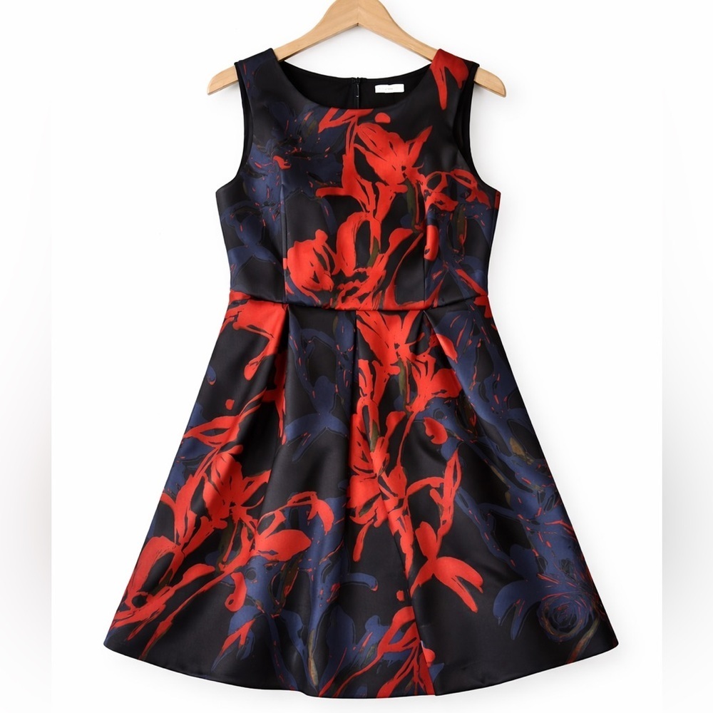 DressBarn Floral Fit & Flare Sleeveless Dress Size 18 Red Navy Cocktail Party.